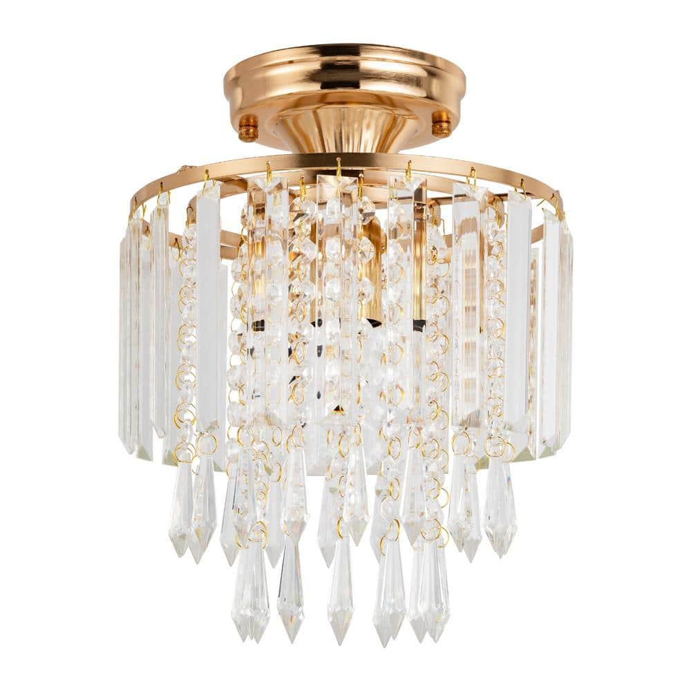 OUKANING 9.05 in. 1-Light Gold Modern Crystal Semi-Flush Mount Ceiling ...