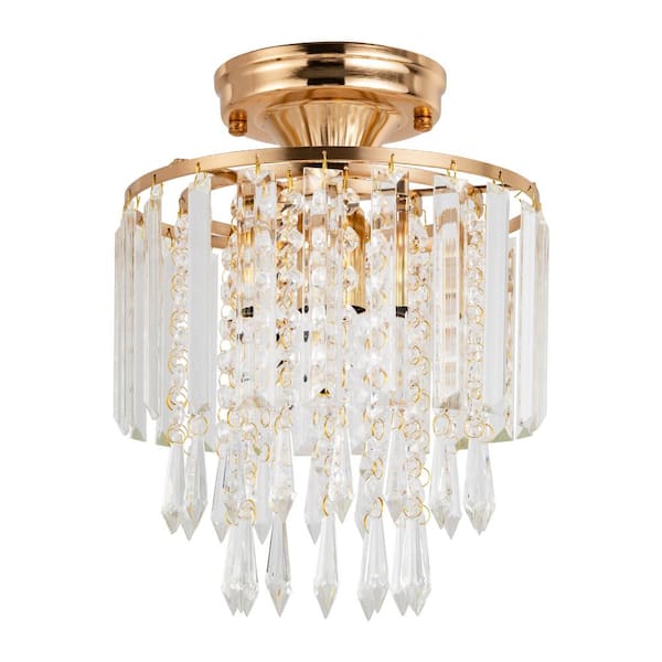 OUKANING 9.05 in. 1-Light Gold Modern Crystal Semi-Flush Mount Ceiling-Light for Bedroom Hallway Kitchen, No Bulbs Included