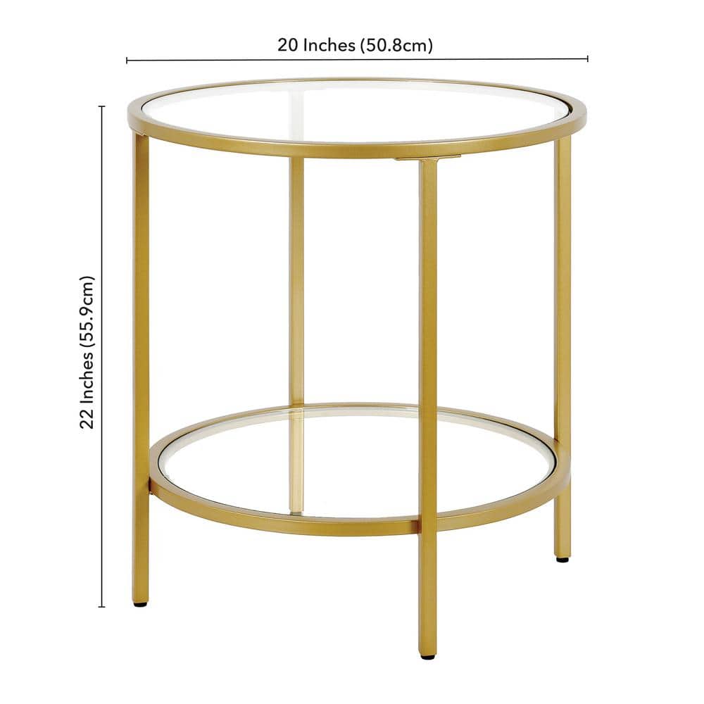 20" Round Brass & Glass Compact Side Table with Shelf