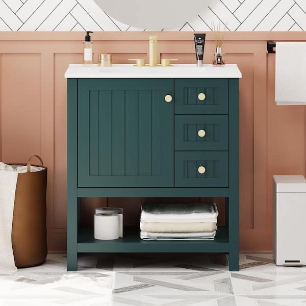 30 in. W Single Sink Green Bath Vanity with White Ceramic Tops Multiple drawers (Unassembled)