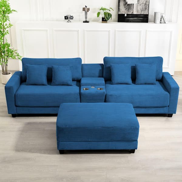 JEAREY Laibai 111.81 in. Square Arm Velvet Modular 3-Piece Modern Sofa with Cup Holder and Ottoman in Navy