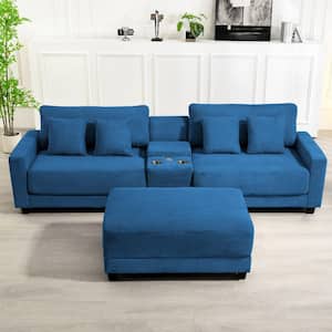 Laibai 111.81 in. Square Arm Velvet Modular 3-Piece Modern Sofa with Cup Holder and Ottoman in Navy