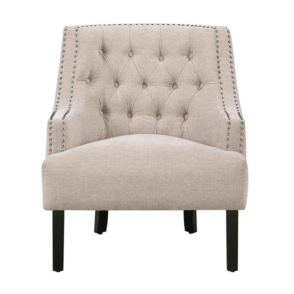 Beige Chenille Slope Arm Accent Chair with Nailhead Trim