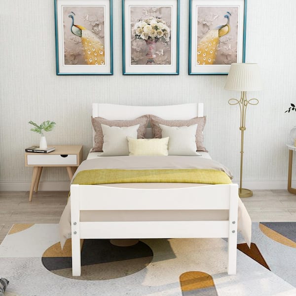 White Wood Frame Twin Size Platform Bed with Headboard and Wooden Slat Support