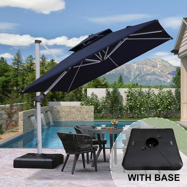 PURPLE LEAF 9 ft. Square High-Quality Aluminum Cantilever Polyester Outdoor Patio Umbrella with Base, Navy Blue