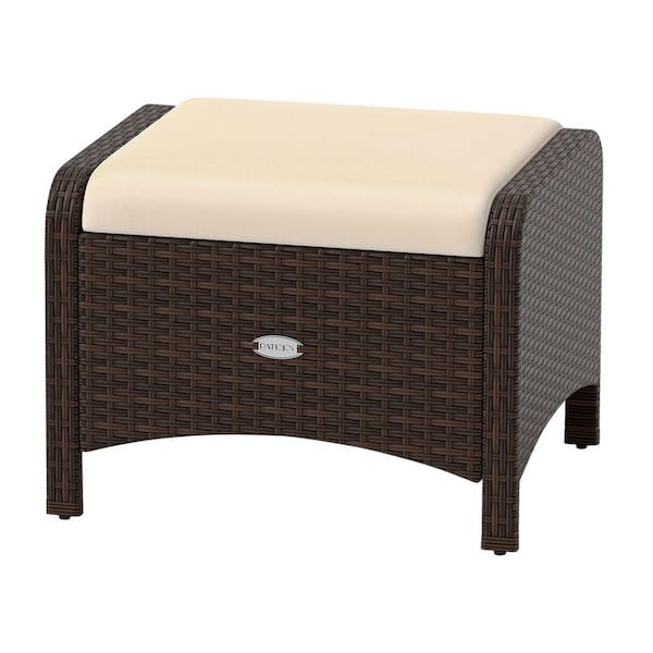 Liviza Brown Wicker Outdoor Ottoman with Beige Cushion