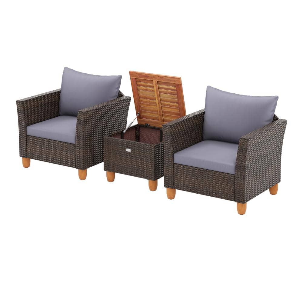 3-Piece Wicker Patio Conversation Set with Gray Cushions and Acacia Wood Storage Coffee Table price history on PriceWatchPro