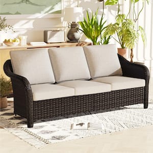 3-Seat Wicker Outdoor Patio Sofa Sectional Couch with Beige Cushions