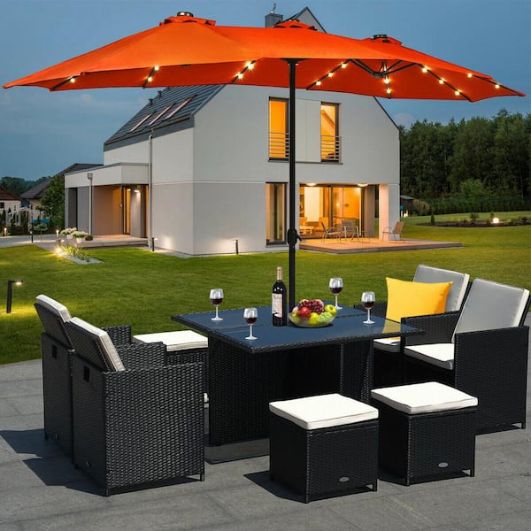15 ft. Steel Market Solar Patio Umbrella in Orange with LED Lights and Base Stand