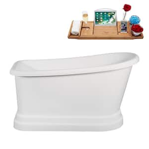 59 in. x 30 in. Acrylic Freestanding Soaking Bathtub in Glossy White With Polished Brass Drain, Bamboo Tray