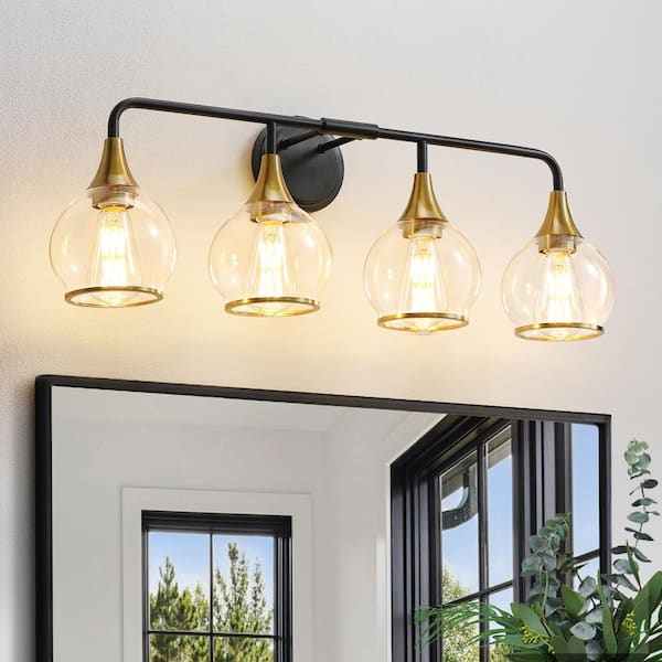 KAISITE 30 in. 4-Light Black and Gold Bathroom Vanity Light with Clear Globe Glass Shades
