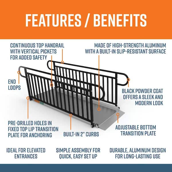 GATEWAY 3G 8 ft. Aluminum Solid Surface Wheelchair Ramp with Black Vertical Picket Handrails