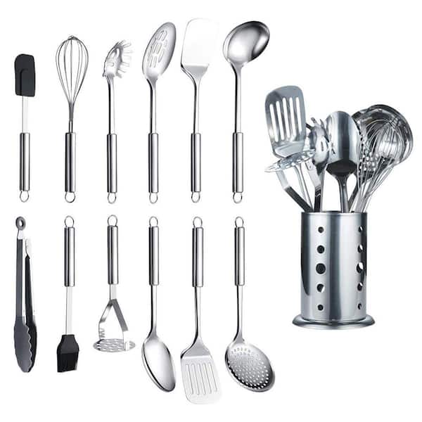 Stainless Steel Mirror Finish Cooking Utensil Set with Holder, 13 Piece Kitchen Accessories, Dishwasher Safe