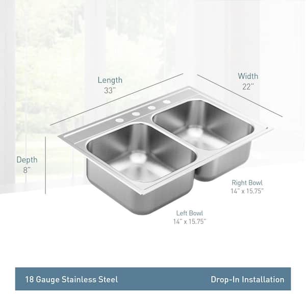 1800 Series Stainless Steel 33 in. 4-Hole Double Bowl Drop-In Kitchen Sink with 8 in. Depth