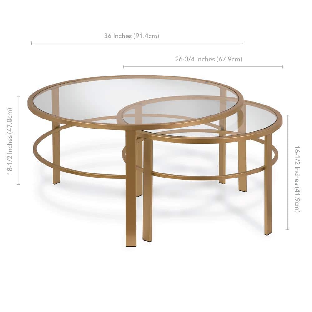 Gaia Brass Round Nesting Coffee Table Set with Tempered Glass Tops