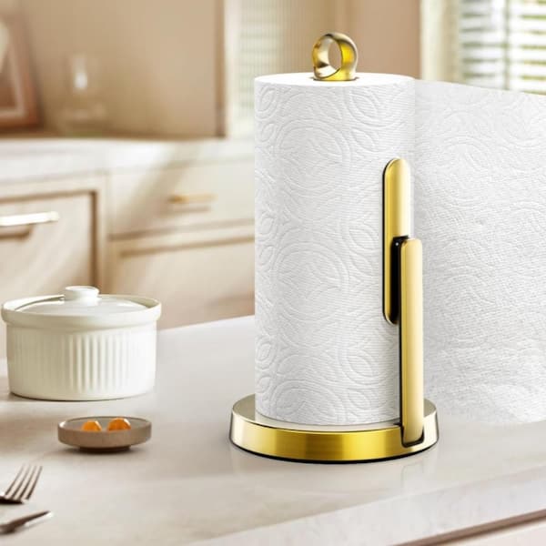 Heavy-Duty Stainless Steel Paper Towel Holder with Tension Arm, Standing Countertop Dispenser for Kitchen, Gold