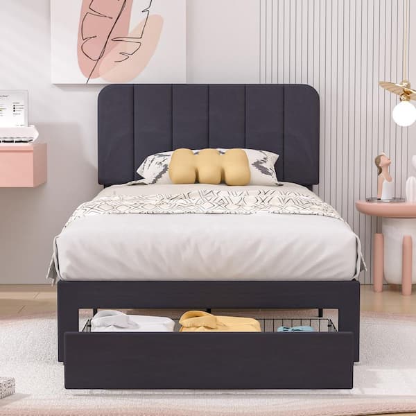 VECELO Platform Storage Bed Black Metal Frame Twin Platform Bed with Velvet Upholstered Headboard and 1 Drawer