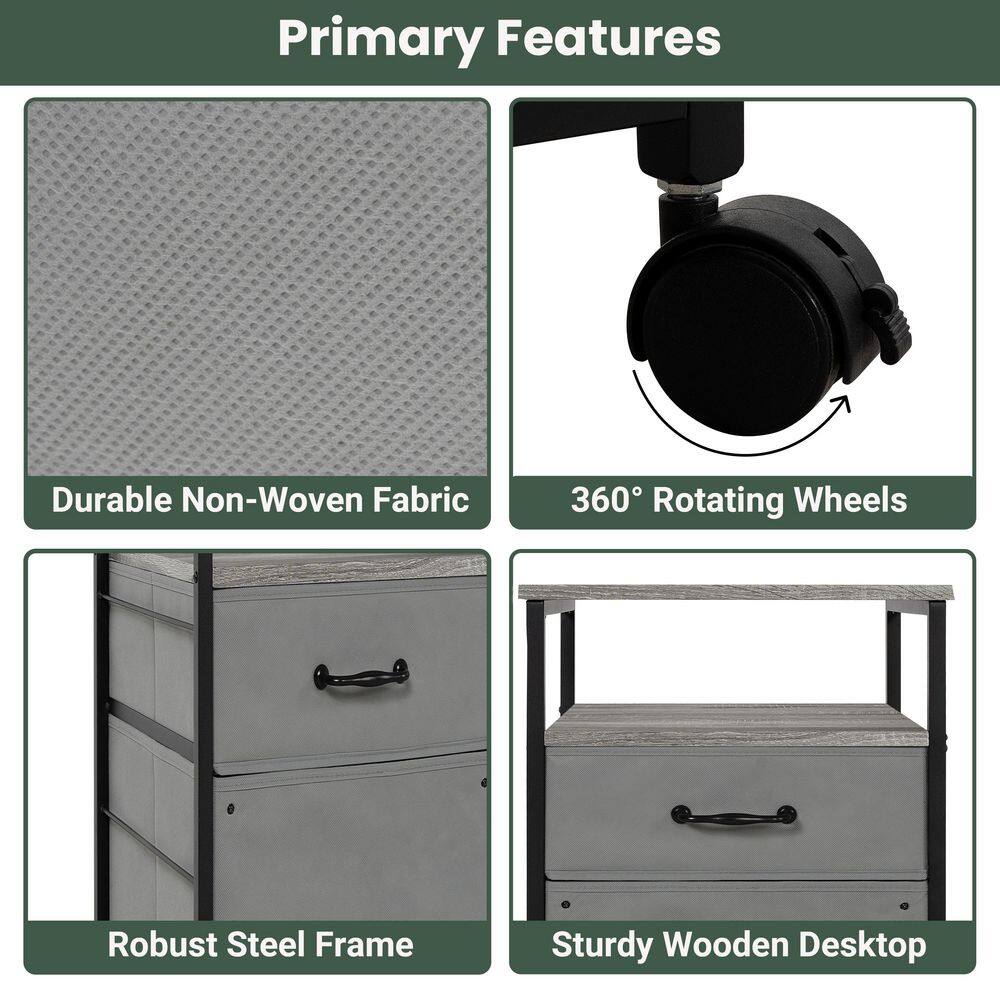 Gray Metal and Wood Rolling 2-Drawer Nightstand
