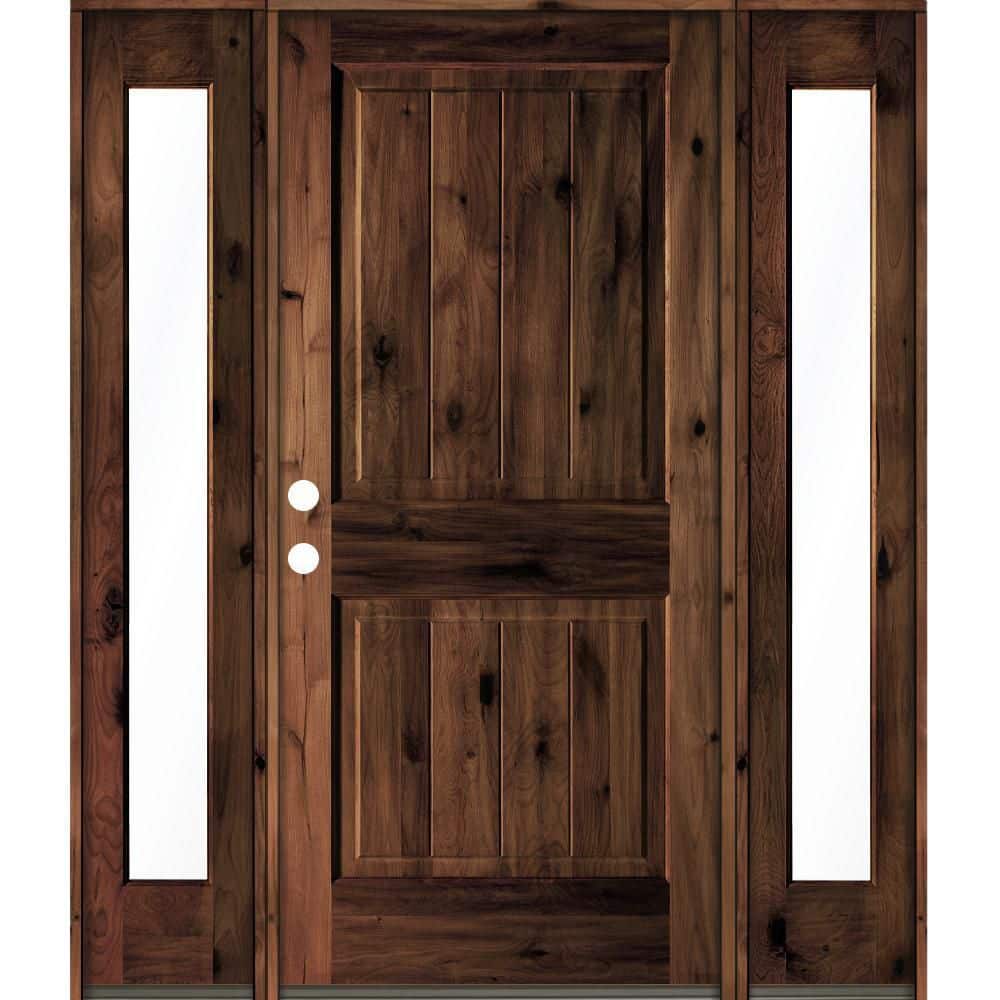 64 in. x 80 in. Rustic Alder Square Top Red Mahogany Stained Wood with V-Groove Right Hand Single Prehung Front Door price history on PriceWatchPro