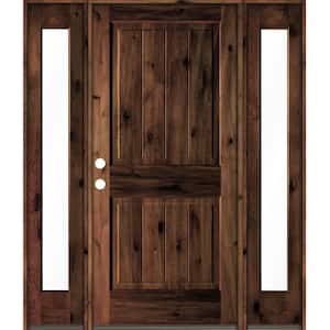 64 in. x 80 in. Rustic Alder Square Top Red Mahogany Stained Wood with V-Groove Right Hand Single Prehung Front Door