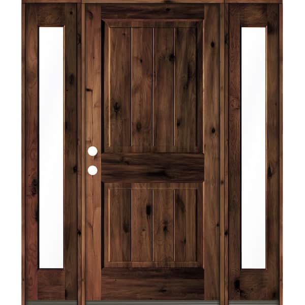 Krosswood Doors 64 in. x 80 in. Rustic Alder Square Top Red Mahogany Stained Wood with V-Groove Right Hand Single Prehung Front Door