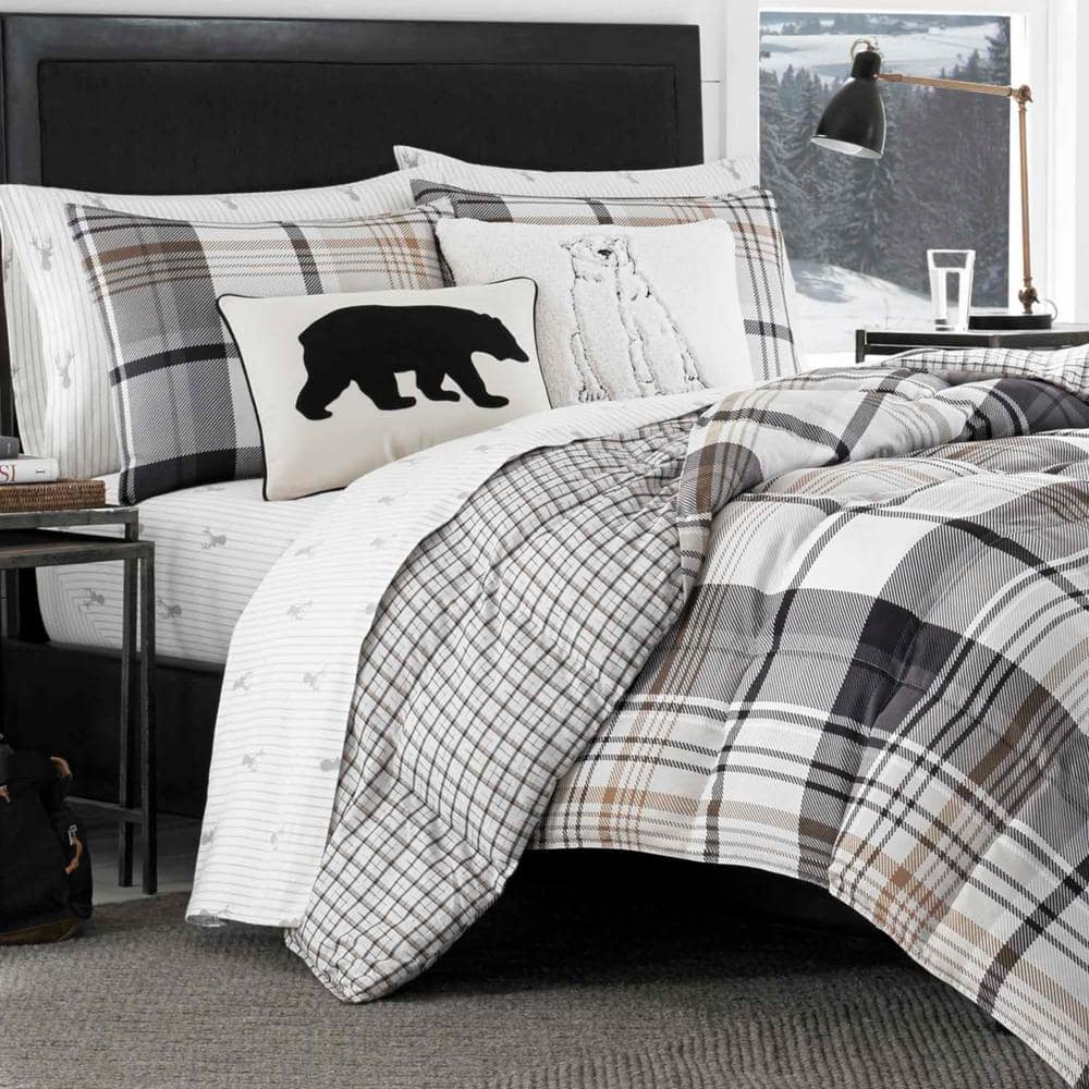 King Black Plaid Microfiber Reversible Comforter Set