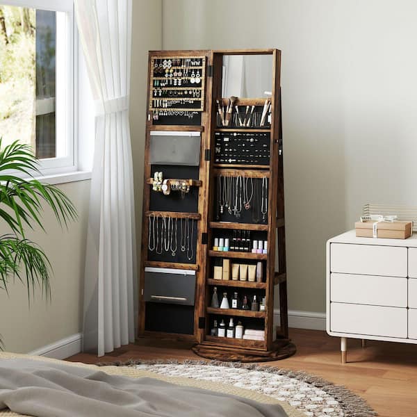 Rustic Brown 360° Swivel Jewelry Armoire, Lockable Jewelry Cabinet with Full-Length Mirror, Storage Shelves