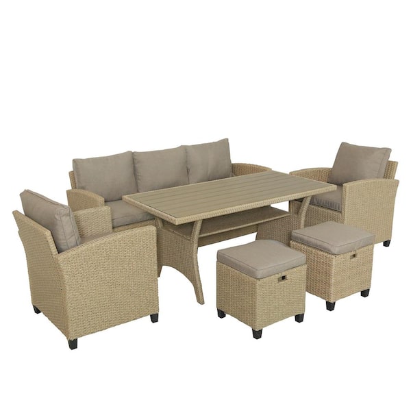 Zeus & Ruta 6-Piece Rattan Wicker Patio Conversation Sectional Seating Set with Brown Cushions