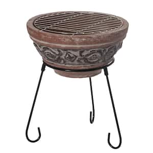Outdoor Small Red and Grey Grill Clay Fire Pit and Accent Design and Metal Stand