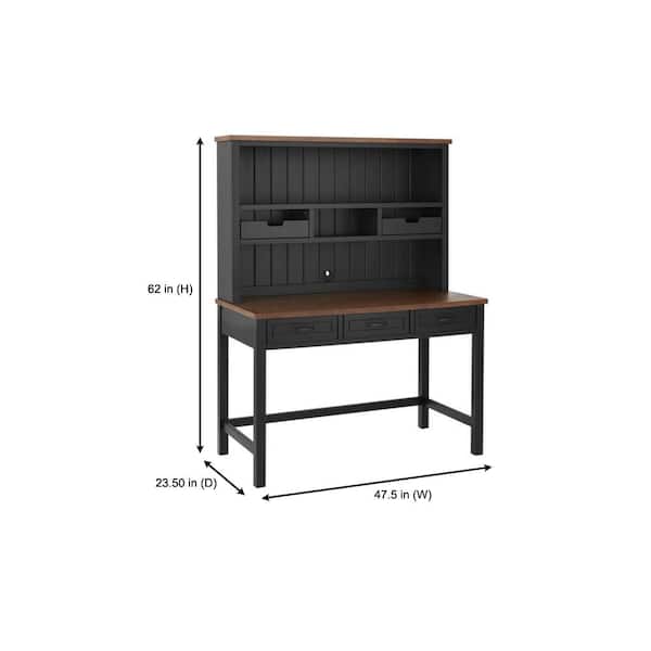 48 in. Rectangular Black/Walnut Wood 5-Drawer Writing Desk with Open Shelf Hutch