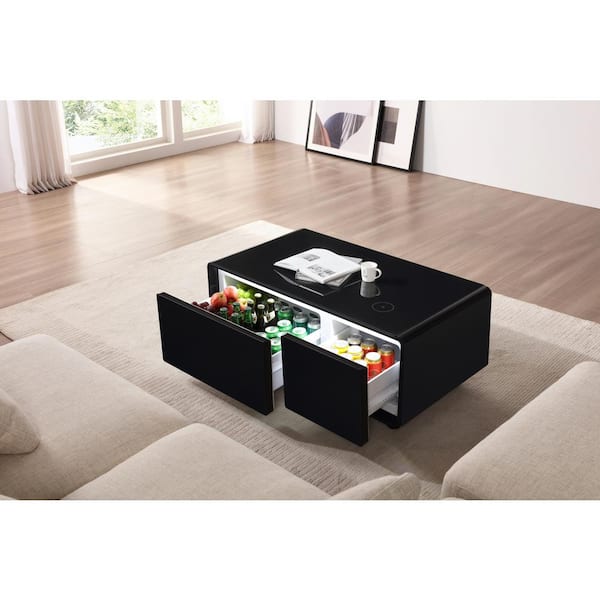 42 in. Black Square Glass Top Coffee Table with Built in Fridge