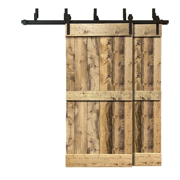 CALHOME 76 in. x 84 in. Mid-Bar Bypass Weather Oak Stained Solid Pine Wood Interior Double Sliding Barn Door with Hardware Kit