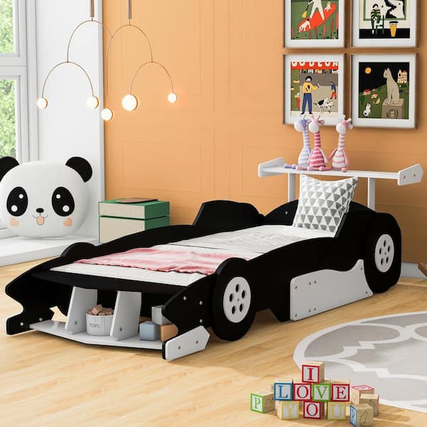Harper & Bright Designs Black Twin Size Race Car-Shaped Kids Bed Platform Bed with Wheels and Shelf