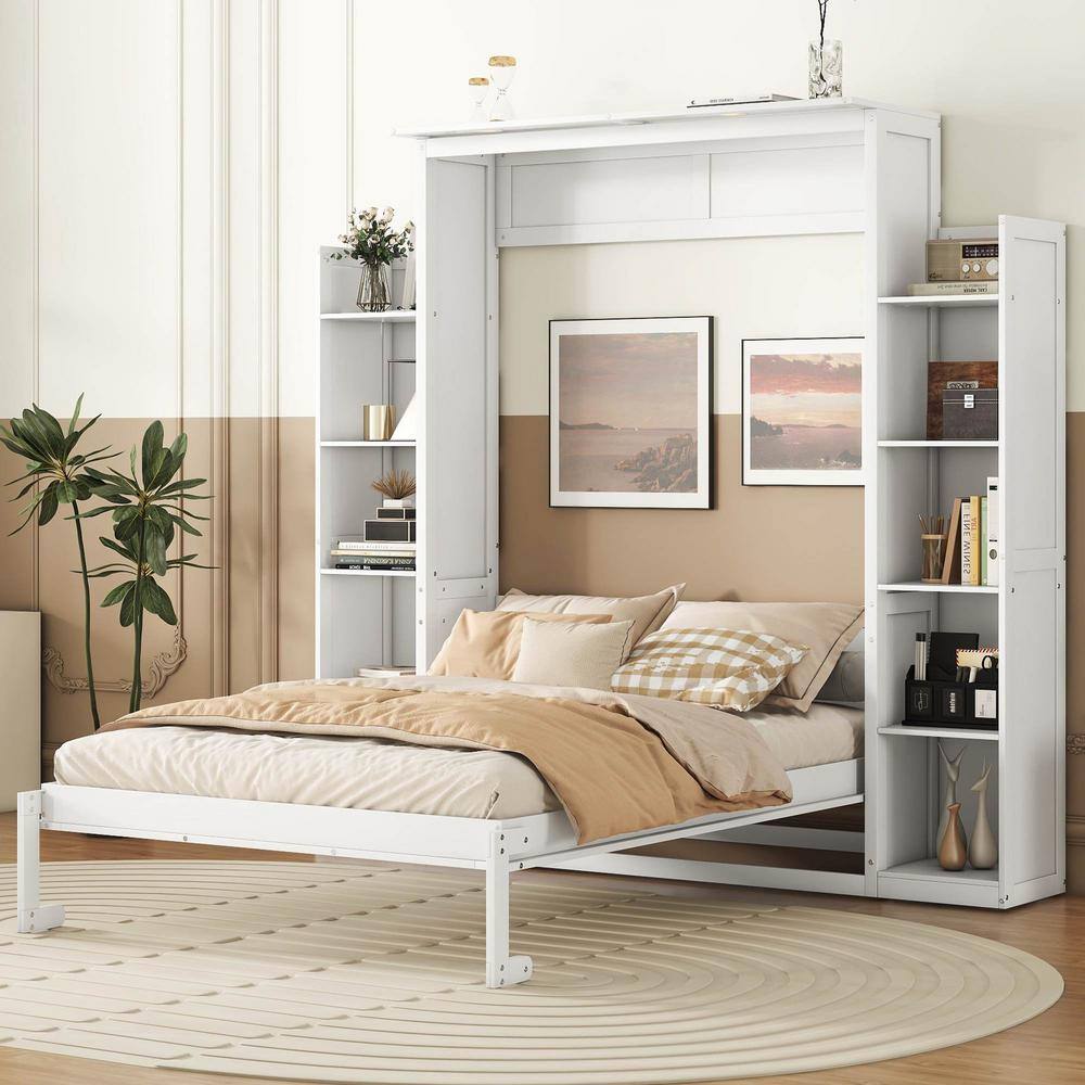 White Wood Frame Full Size Murphy Bed with Shelves and LED Lights price history on PriceWatchPro