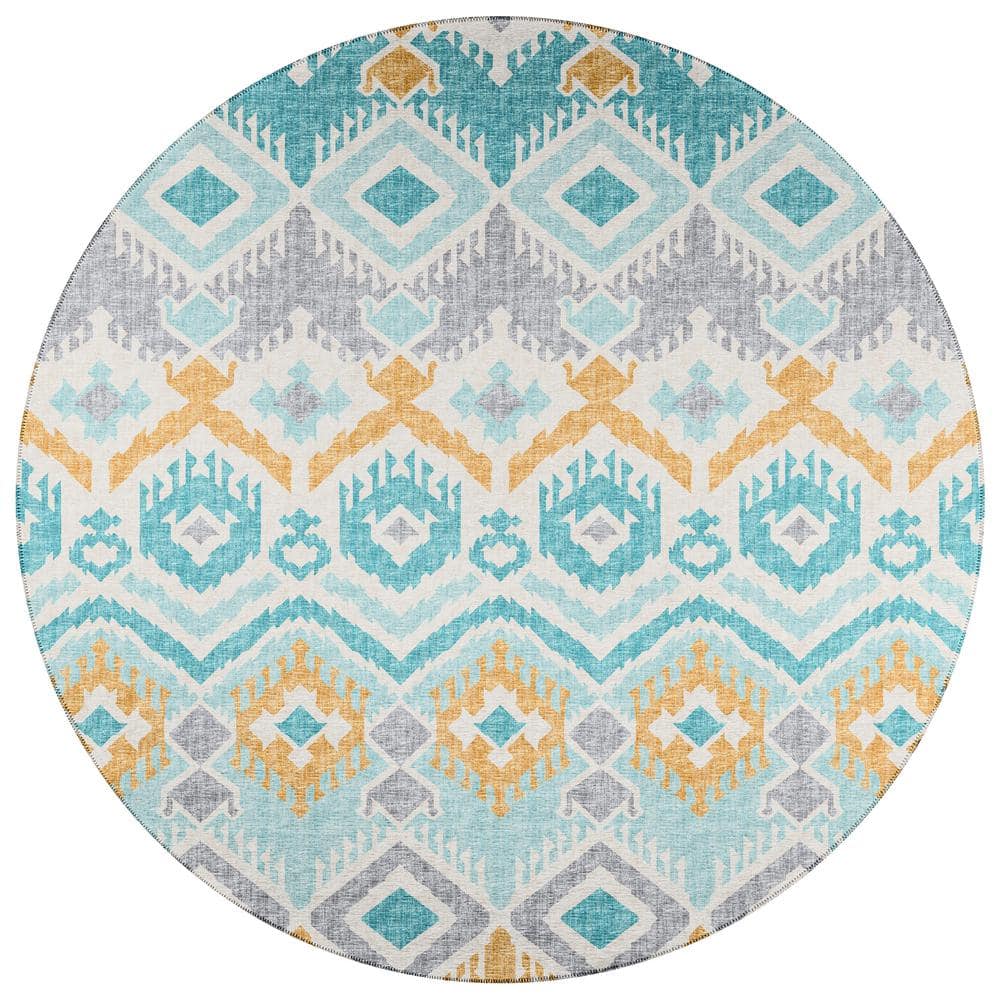 Yuma Blue 8 ft. x 8 ft. Geometric Indoor/Outdoor Washable Area Rug