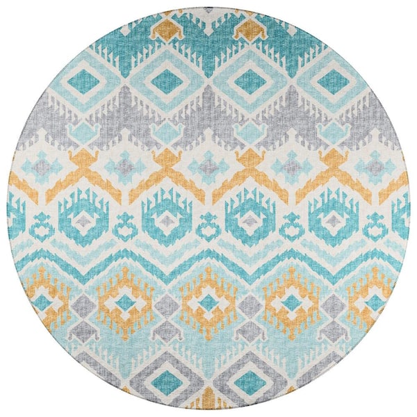 Addison Rugs Yuma Blue 8 ft. x 8 ft. Geometric Indoor/Outdoor Washable Area Rug