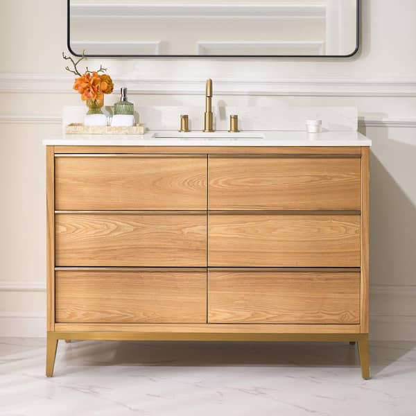 48 in.W x 22 in.D x 35 in.H Certified Single Sink Solid Wood Bath Vanity in OAK with White Quartz Top,Soft-Close Drawers