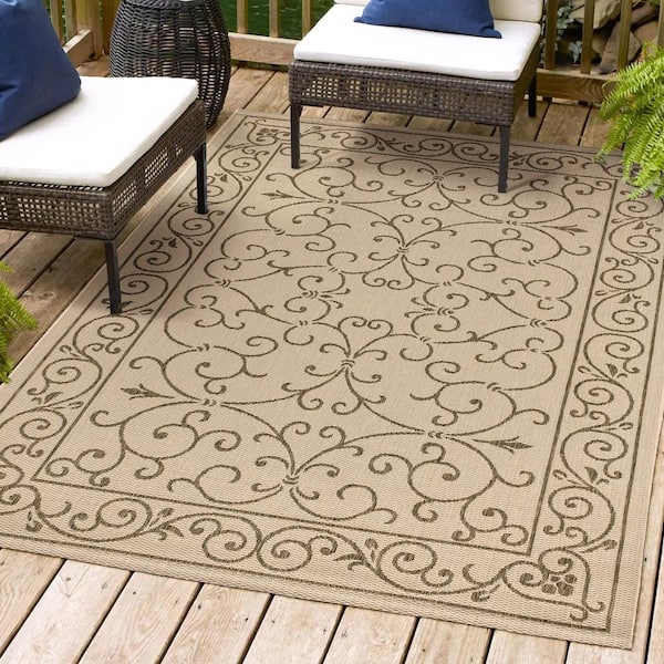 Charleston Vintage Filigree Beige/Brown 7 ft. 9 in. x 10 ft. Textured Weave Indoor/Outdoor Area Rug