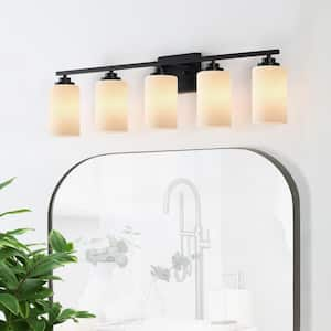 35 in. 5-Light Black Vanity Light with Frosted Glass Shade