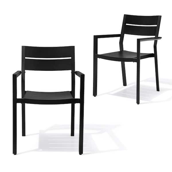 Outdoor Aluminum Dining Chairs with Armrest Patio Stackable Chairs Set of 2 in Black
