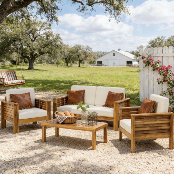 4-Piece Acacia Wood Patio Conversation Set with Cream Cushions