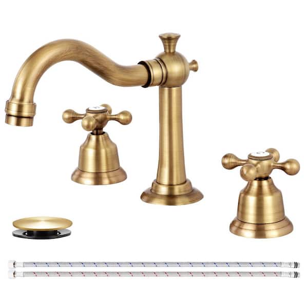 Double handle 8 in. Widespread Bathroom Faucet 3-Hole Bathroom Sink Faucet with Pop-Up Drain in Antique Brass