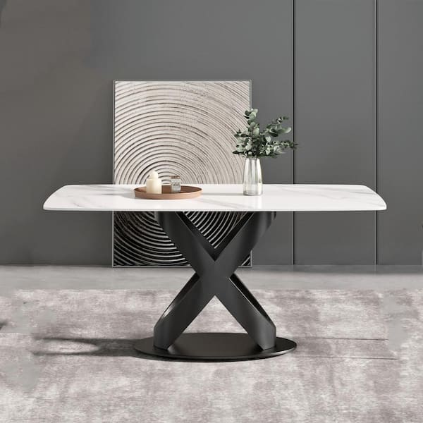 63 in. Arc Edge White Rectangle Tabletop Sintered Stone Dining Table with Black Pedestal Legs