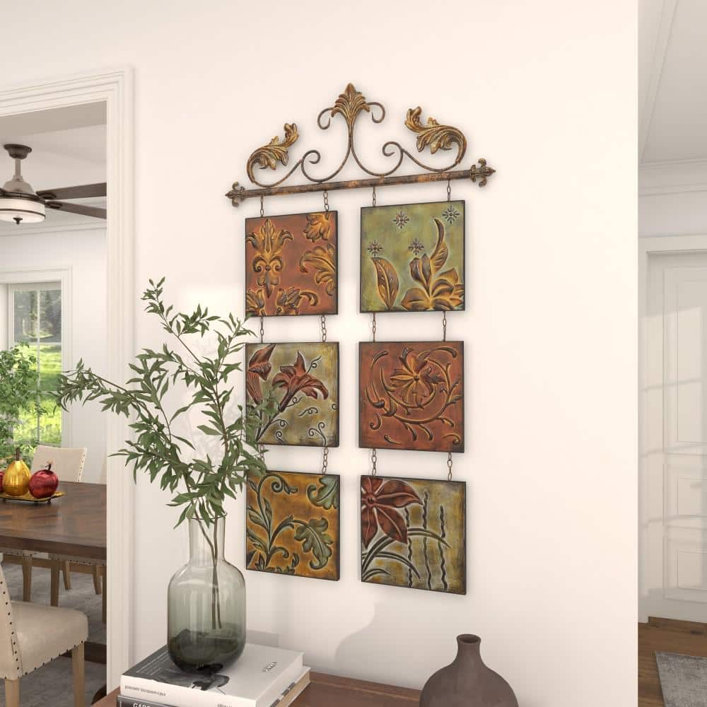 Multi-Colored Metal Botanical Wall Sculpture with Embossed Panels
