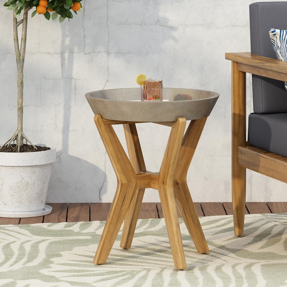 Noble House Yukon Teak Brown Round Stone Outdoor Side Table 83834 The