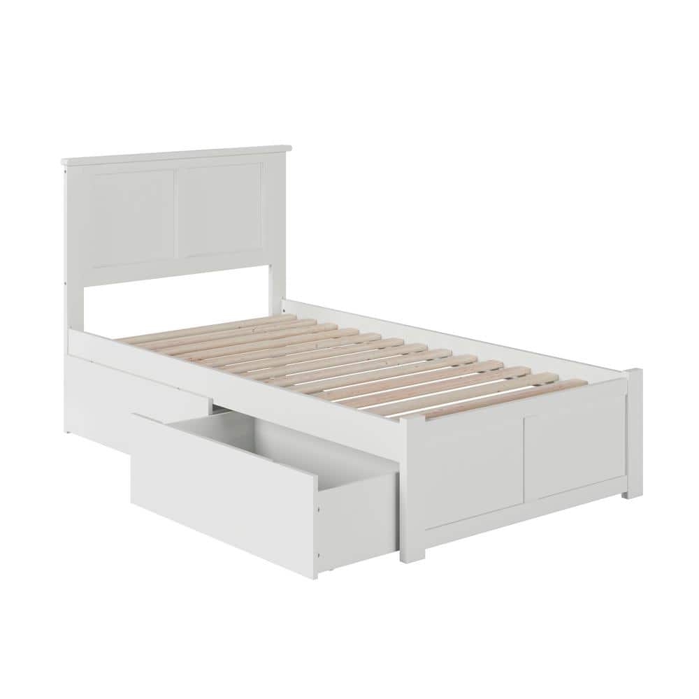 White Twin Wood Platform Bed with Storage Drawers