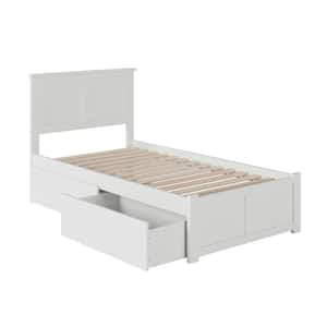 Madison White Twin Solid Wood Storage Platform Bed with Flat Panel Foot Board and 2 Bed Drawers