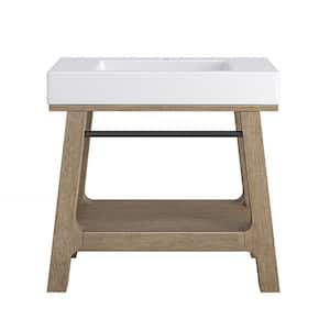 Auburn 35.9 in. W x 18.1 in. D x 30.5 in. H Glossy White Composite Console Sink Basin and Leg Combo in Weathered Timber
