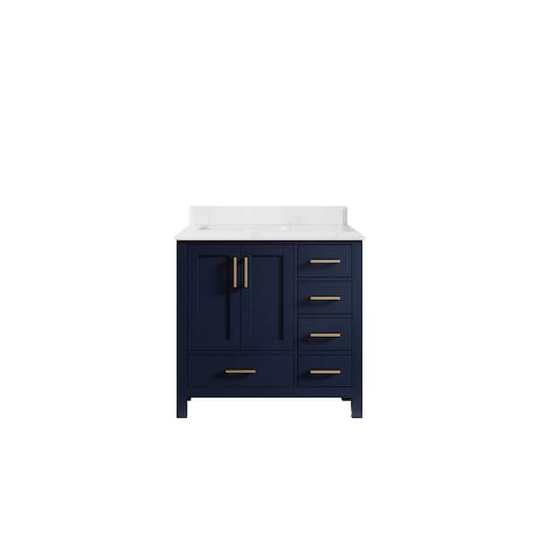 Willow Collections Malibu 36 in. W x 22 in. D x 36 in. H Left Offset Sink Bath Vanity in Navy Blue with Cove Edge Empira Quartz Top