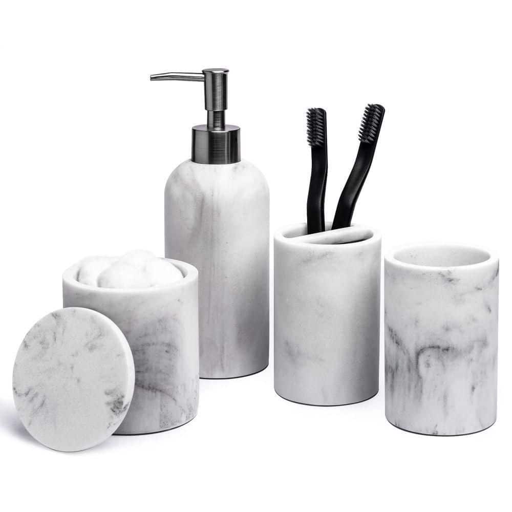 Dracelo 4-Piece Bathroom Accessory Set with Toothbrush Holder, Soap Dispenser, Cotton Jar, Tray in Black